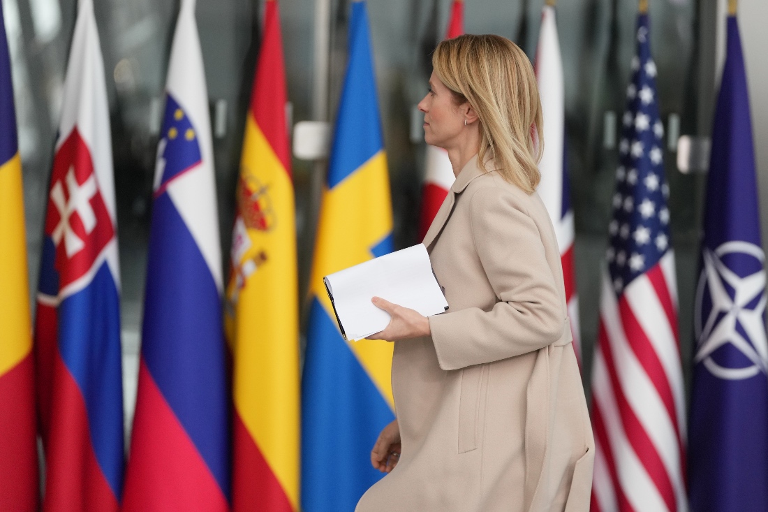 European Union foreign policy chief Kaja Kallas arrives for a meeting of NATO foreign ministers at NATO headquarters in Brussels. (AP)