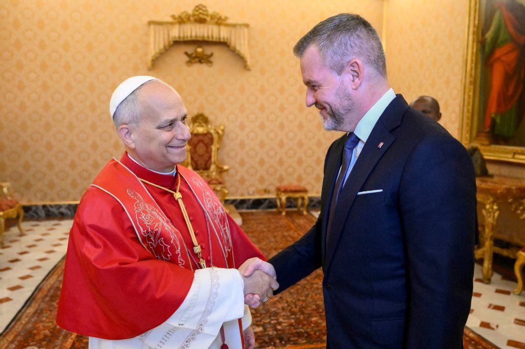 This photo taken and handout on December 4, 2025 by The Vatican Media shows Pope Leo XIV during a meeting with Slovakia's President Peter Pellegrini, in The Vatican.