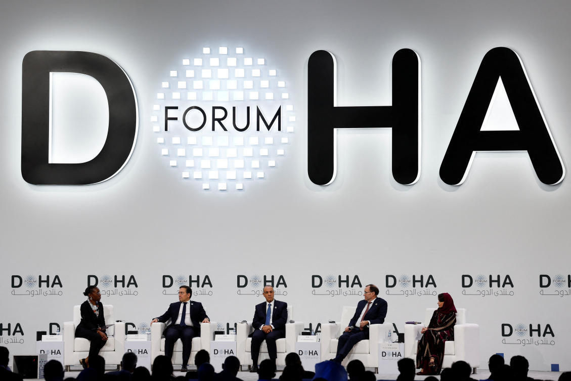 CEO and President of International Crisis Group Comfort Ero, Spain's Foreign Minister Jose Manuel Albares, Egyptian Foreign Minister Badr Abdelatty, Norway's Foreign Minister Espen Barth Eide and Minister Plenipotentiary in Saudi Arabia's Cabinet of Minister of Foreign Affairs Manal Radwan attend the first day of the 23rd edition of the annual Doha Forum, in Doha, Qatar, December 6, 2025. REUTERS/Ibraheem Abu Mustafa