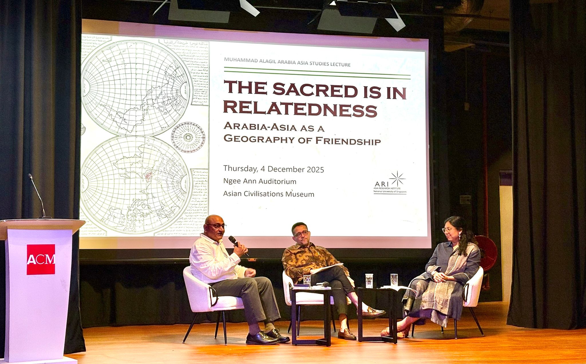 Scholars Sumit Mandal, left, Ismail Fajrie Alatas and Harini Kumar speak during the Muhammad Alagil Arabia Asia Studies Lecture at the Asian Civilisations Museum, Singapore, Dec. 4, 2025. (Wong Siew Lyn)