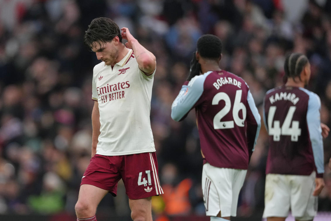 Arsenal’s Declan Rice reacts after the English Premier League match against Aston Villa in Birmingham, Dec. 6, 2025. (AP)