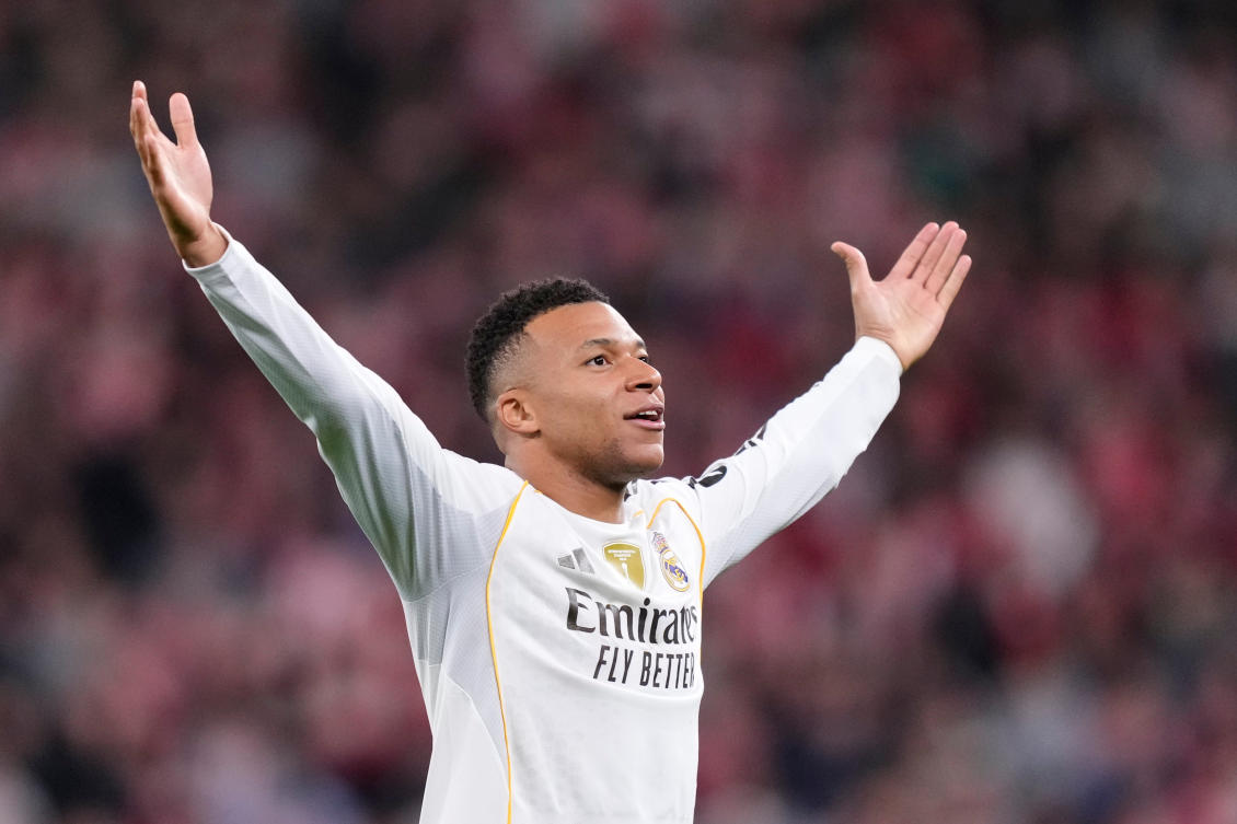 Real Madrid’s Kylian Mbappe celebrates after scoring his side’s third goal during their La Liga match against Athletic Bilbao in Bilbao, Dec. 3, 2025. (AP)