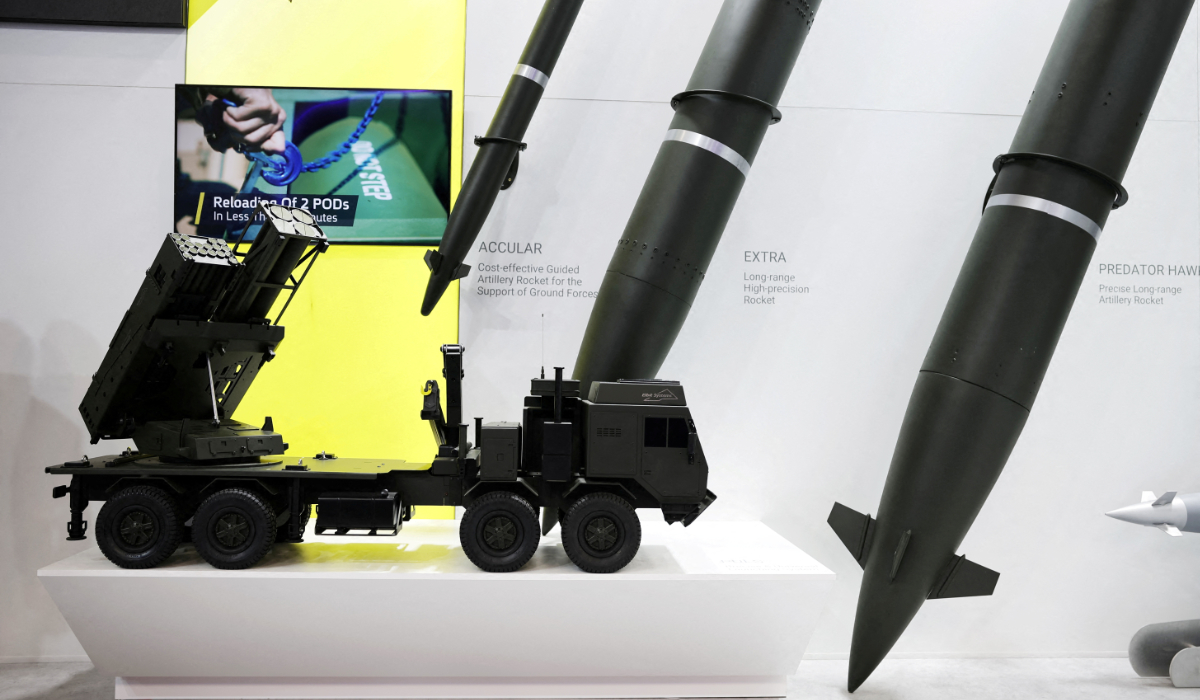 A PULS multiple rocket launcher miniature and artillery rockets by Israeli Elbit Systems is exhibited at the DEFEA Defence Exhibition, in Athens, Greece, May 8, 2025. (REUTERS)