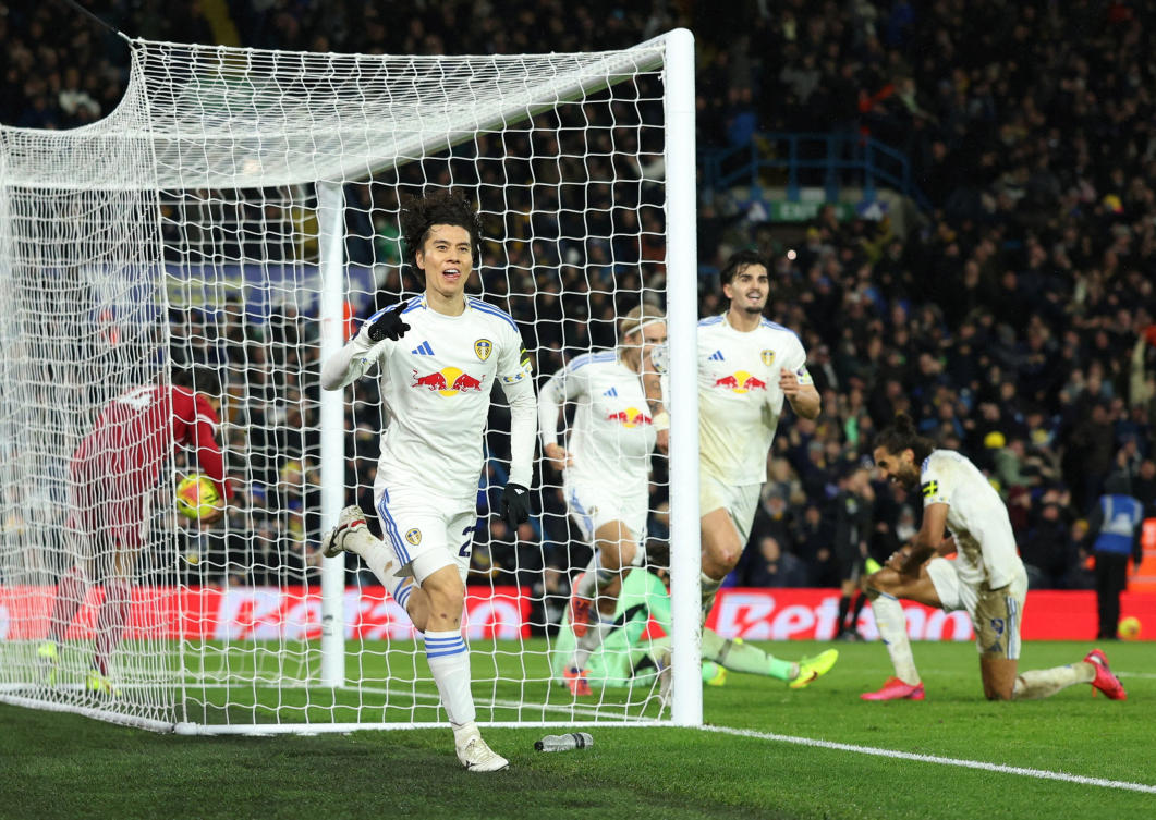 Leeds United’s Ao Tanaka celebrates scoring their third goal during their Premier League match against Leeds United — Elland Road, Leeds, Britain — Dec. 6, 2025. (Reuters)