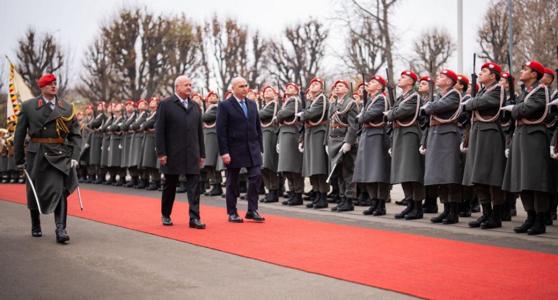 Austria's Chancellor Christian Stocker and Romania's Prime Minister Ilie Bolojan review an honour guard during a welcoming ceremony in Vienna. (AP)