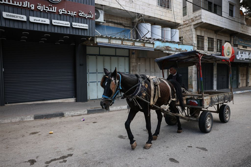 A Palestinian man rides a horse cart past closed shops in Hebron, in the Israeli-occupied West Bank, as the city went on strike to protest the killing of two Palestinian men by Israel’s military on December 7, 2025. (AFP)