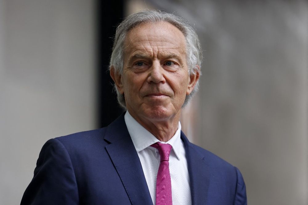 Former UK PM Tony Blair, outside the BBC, in central London, England, June 6, 2021. (AFP)