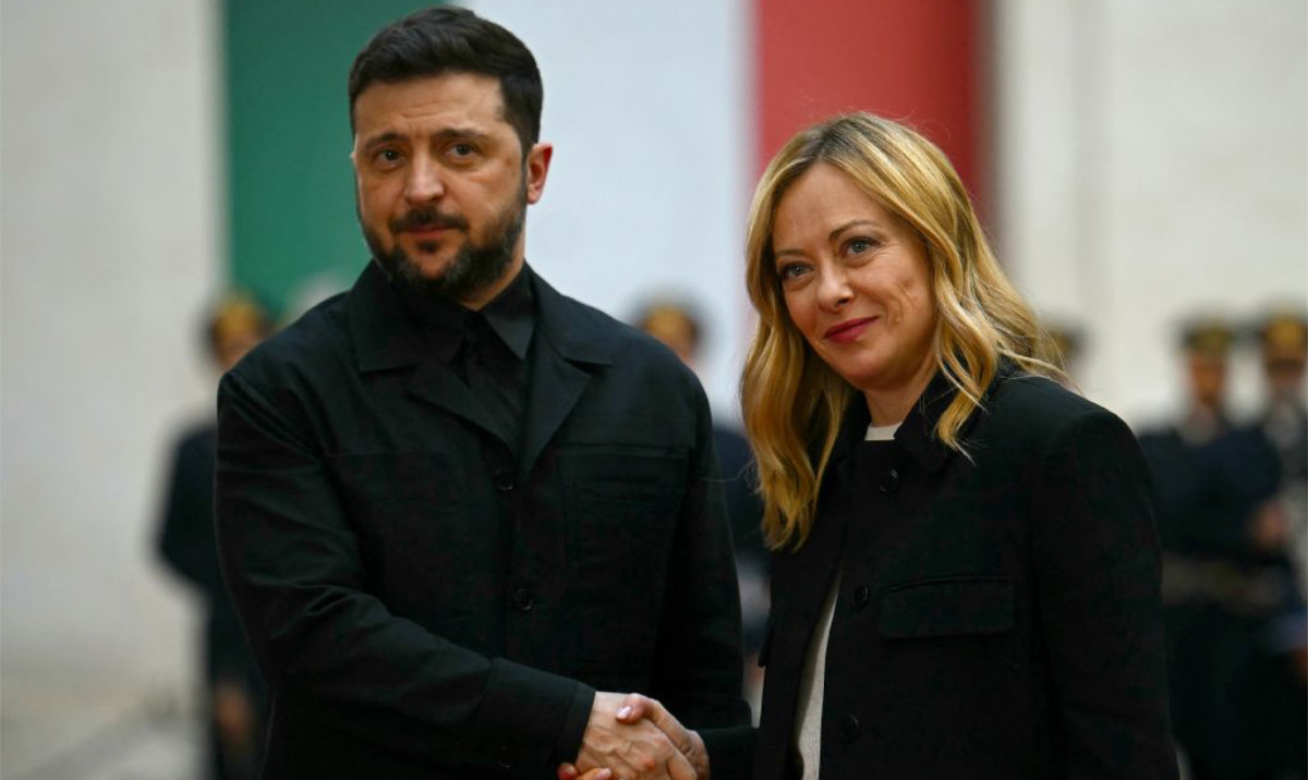 Italy's Prime Minister, Giorgia Meloni welcomes Ukraine's President Volodymyr Zelensky at Palazzo Chigi prior their meeting in Rome on December 9, 2025. (AFP)