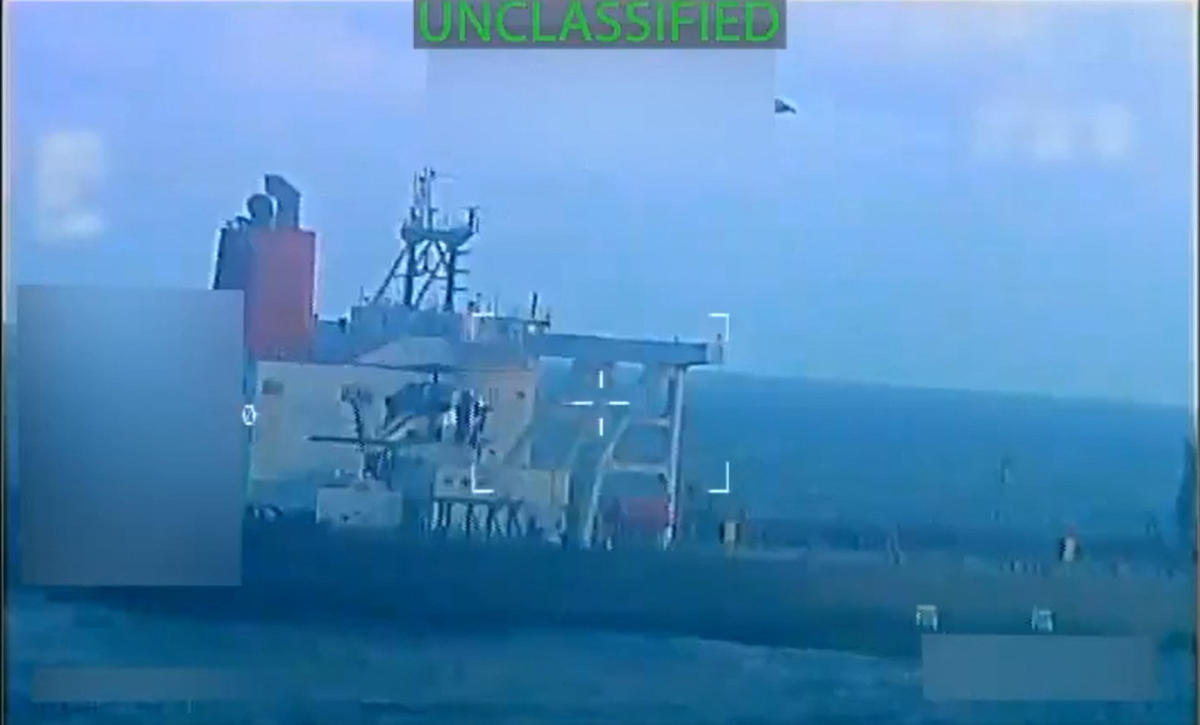 This screen grab from a video posted by US Attorney General Pam Bondi on her X account on December 10, 2025 shows what Bondi says is the execution of "a seizure warrant for a crude oil tanker used to transport sanctioned oil from Venezuela and Iran" off the coast of Venezuela on December 10. (FILE/AFP)
