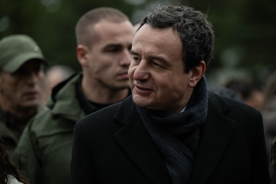 Kosovo's acting Prime Minister Albin Kurti looks on as he visits members of the Kosovo Security Force (KSF) during a ceremony in Pristina, Kosovo. (AFP)