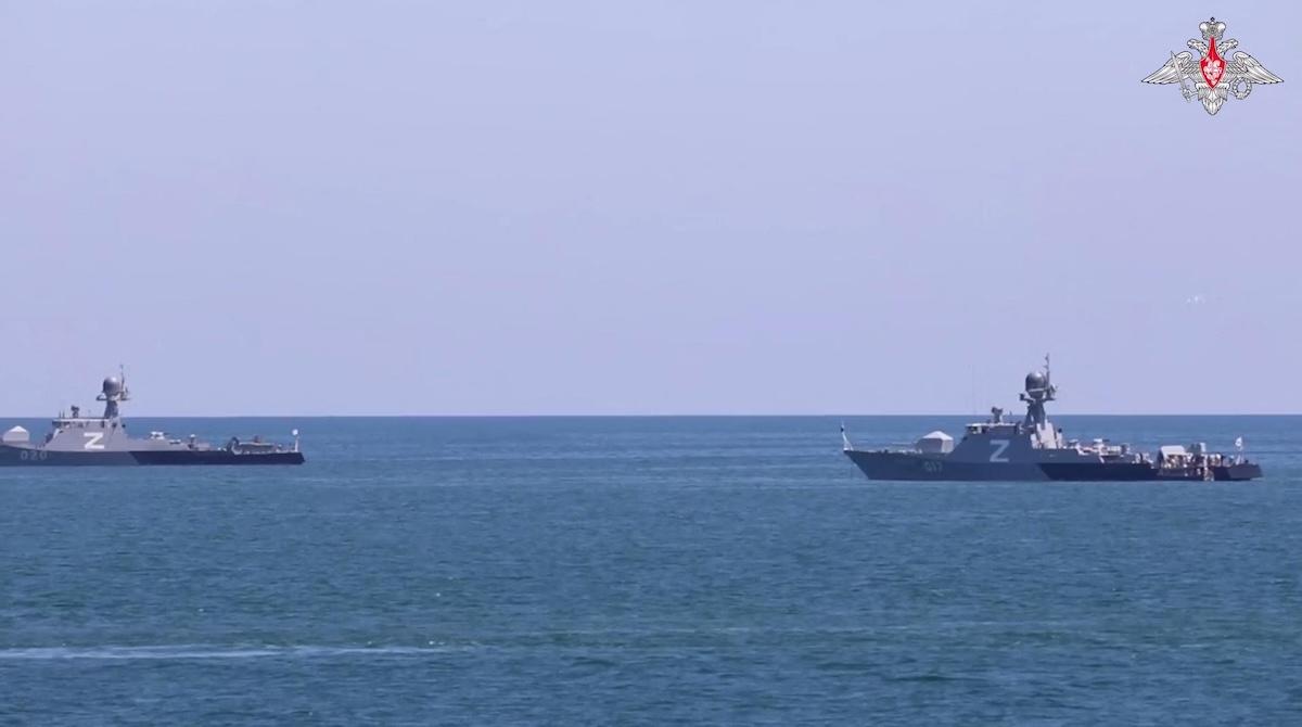 Above, the Russian Caspian Sea flotilla during naval drills on July 30, 2024. (Russian Defense Ministry/AFP)
