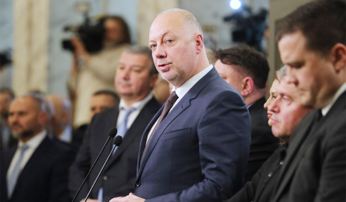 Bulgaria’s Prime Minister Rossen Zhelyazkov delivers a speech following his government’s resignation in Sofia on Thursday. (AFP)