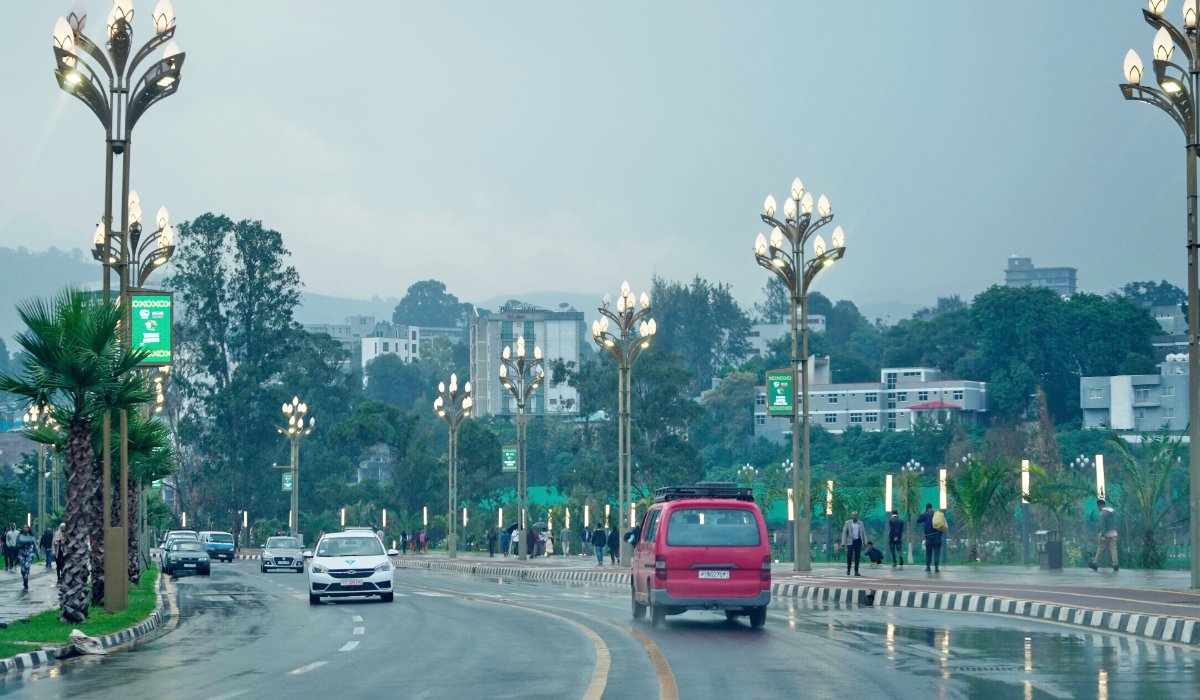Cars drive along a highway decorated with street lights, in Addis Ababa, Ethiopia, Sept. 6, 2025. (AP)