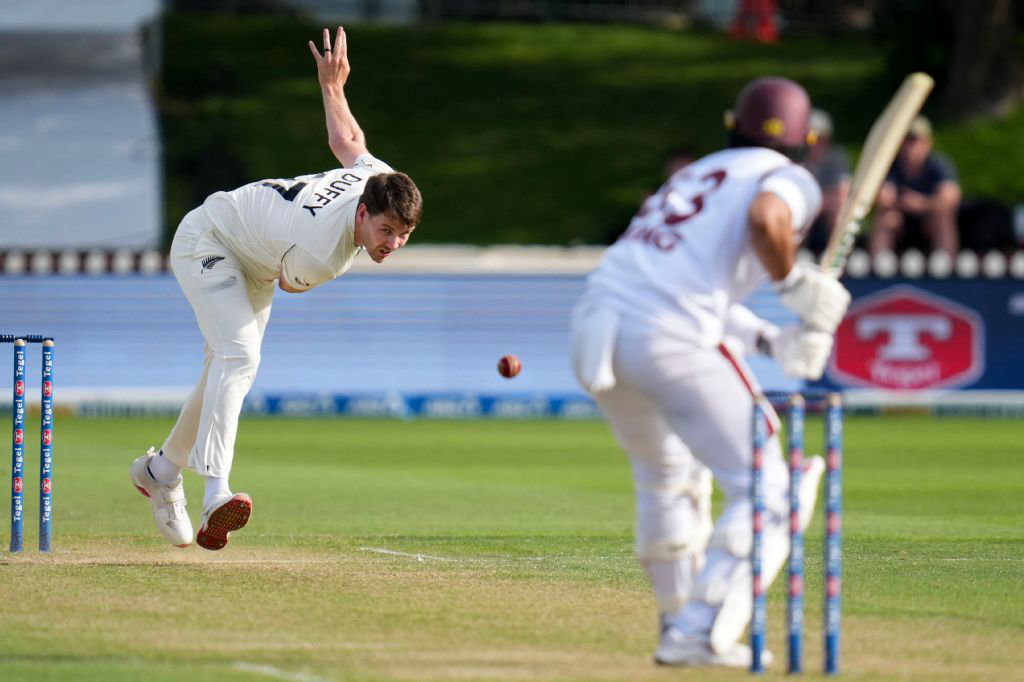 New Zealand's Jacob Duffy bowls during Day 3 of the 2nd international Test cricket match between New Zealand and West Indies at the Basin reserve in Wellington on December 12, 2025. (AFP)