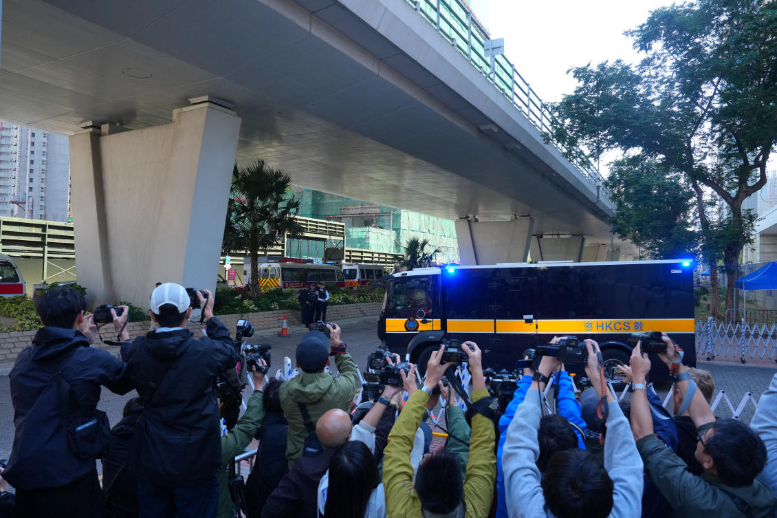 A prison van believed to be carrying Jimmy Lai, leaves the West Kowloon Magistrates' Courts building after the verdict in the national security collusion trial of Jimmy Lai, founder of the now-defunct pro-democracy newspaper Apple Daily, in Hong Kong, China, December 15, 2025. REUTERS/Lam Yik