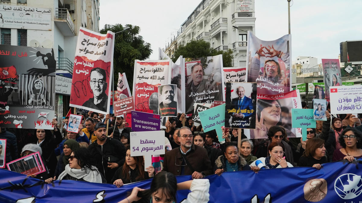 Activists and political opponents take part in a protest against Tunisian President Kais Saied, calling for an end to one-man rule and the restoration of democracy, in Tunis, Tunisia, December 13, 2025. REUTERS/Jihed Abidellaoui