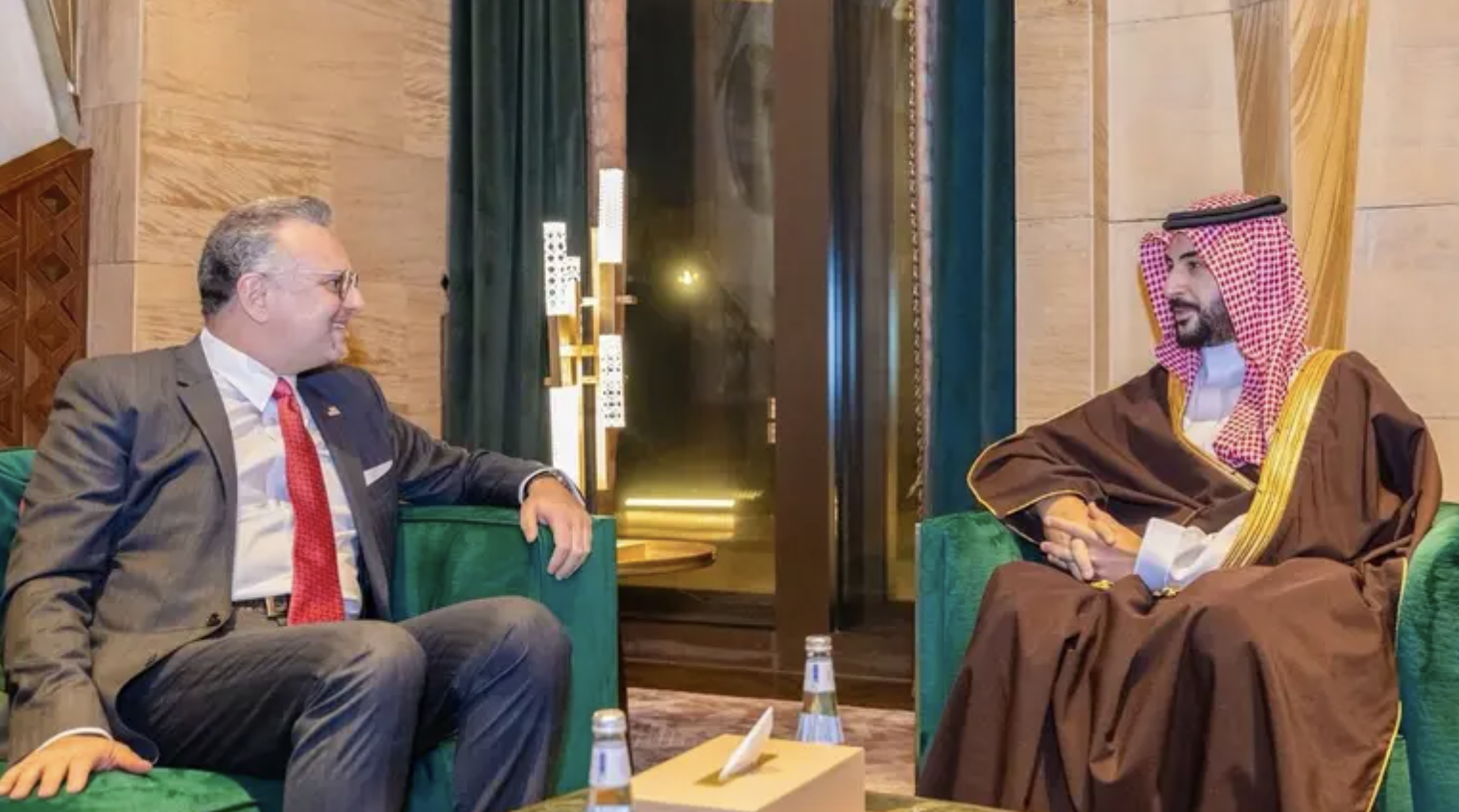 Saudi Defense Minister Prince Khalid bin Salman met with the US President’s adviser for Arab and African Affairs to discuss bilateral relations and regional developments on Monday. (X/@kbsalsaud)