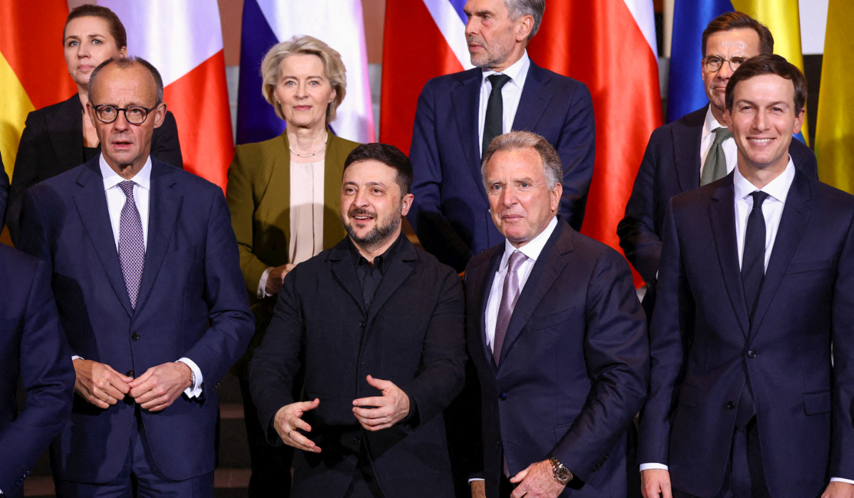 (Front row L-R) German Chancellor Friedrich Merz, Ukraine's President Volodymyr Zelensky, US special envoy Steve Witkoff, the US President's son-in-law Jared Kushner and (back row L-R) Denmark's Prime Minister Mette Frederiksen, European Commission President Ursula von der Leyen, Netherland's Prime Minister Dick Schoof and Sweden's Prime Minister Ulf Kristersson pose for a family photo on December 15, 2025 at the Chancellery in Berlin. (AFP)