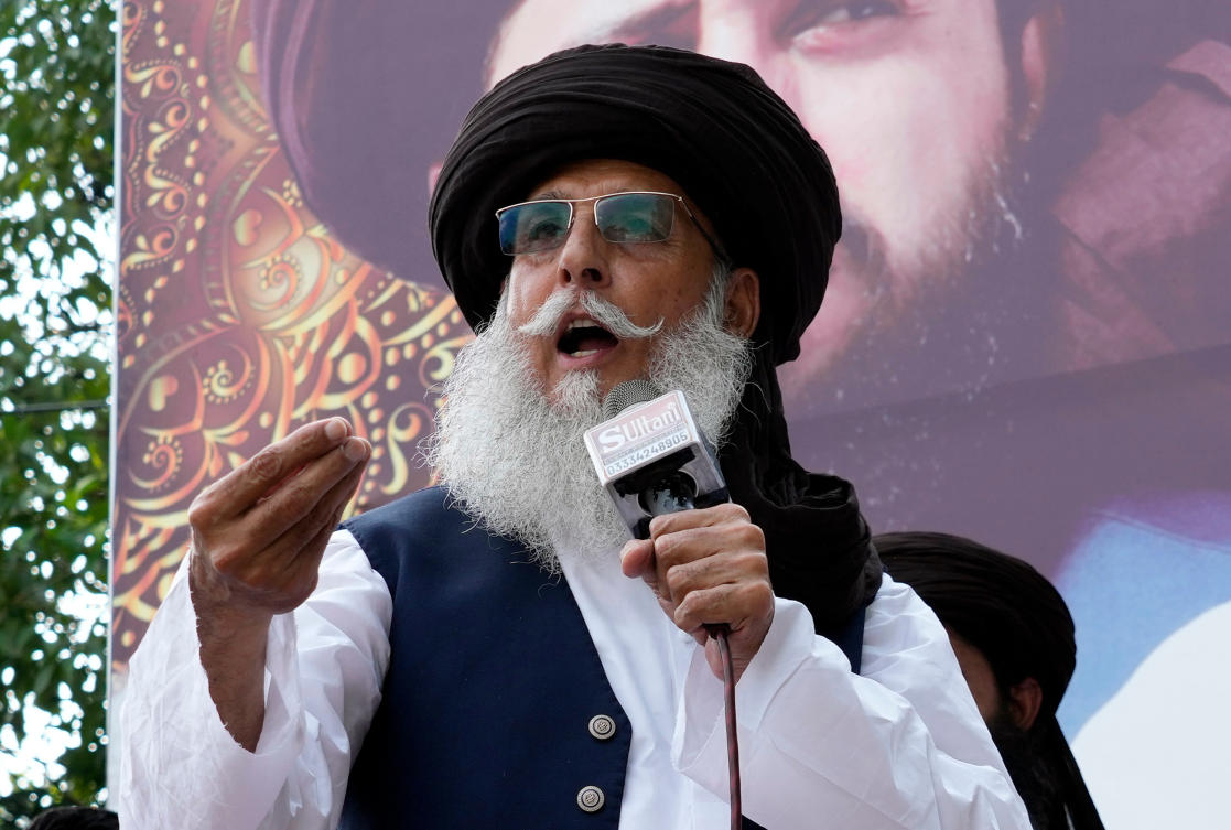 Zaheerul Hassan Shah, the deputy chief of a radical Islamist party, speaks to his supporters during a gathering in Lahore, Pakistan, July 28, 2024. (AP Photo/K.M. Chaudary, File)