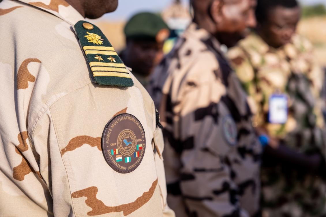 A Multinational Joint Task Force (MNJTF) patch is visible on a soldier's uniform during a visit to Lake Chad Province, Chad, on 26 November, 2025. (FILE/AFP)