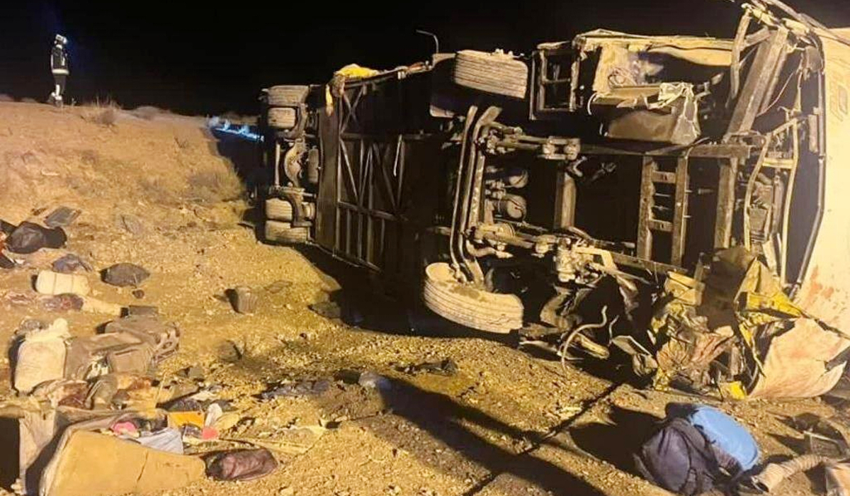 This photo released by the Iranian Red Crescent Society on Tuesday, Dec. 16, 2025, shows the scene of a passenger bus crash in central province of Isfahan, Iran. (AP)