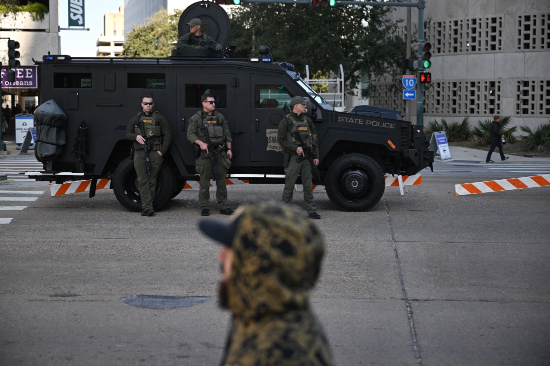 Members of a Louisiana State Police SWAT team stand guard outside of the Superdome in January 2025. (AFP)