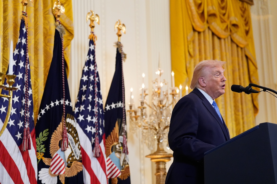President Donald Trump speaks during a Hanukkah reception in the East Room of the White House. (AP)