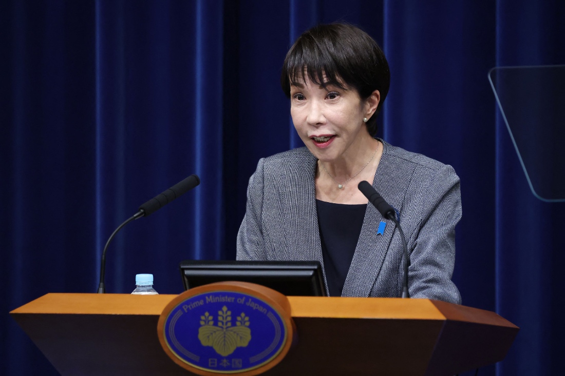 Japanese Prime Minister Sanae Takaichi speaks during a news conference at the prime minister’s office in Tokyo, Japan. (AFP)