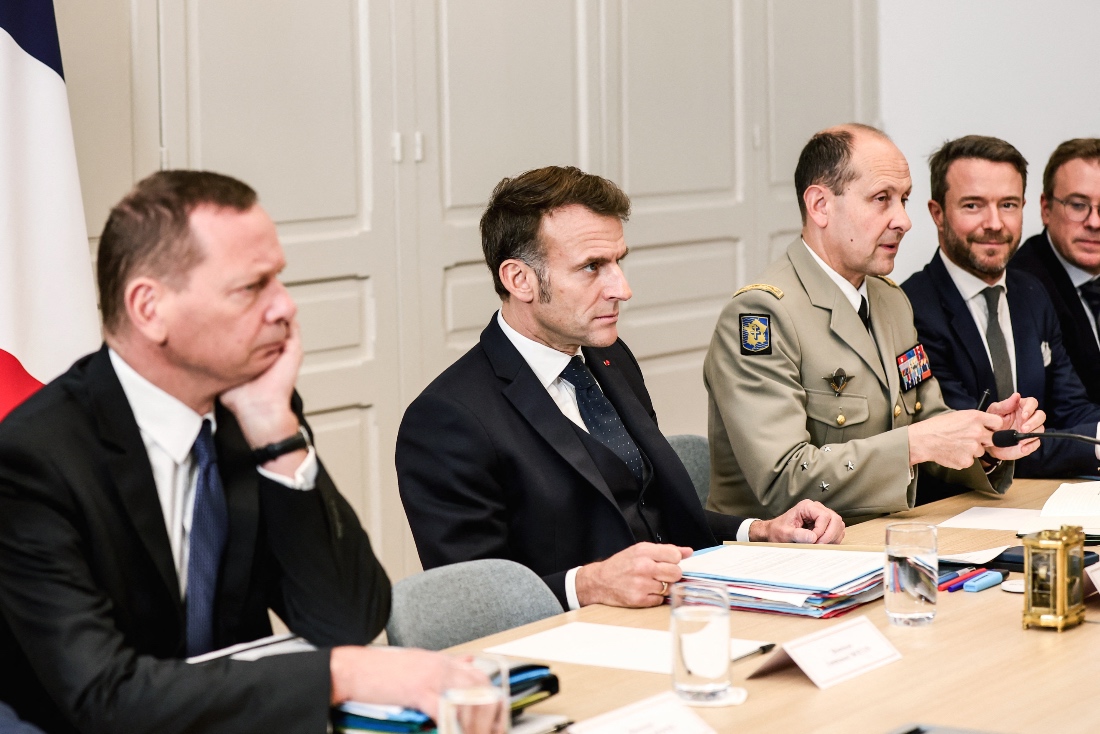 French President Emmanuel Macron attends a Coalition of the Willing meeting by video conference at the Elysee Palace in Paris, France. (AFP)