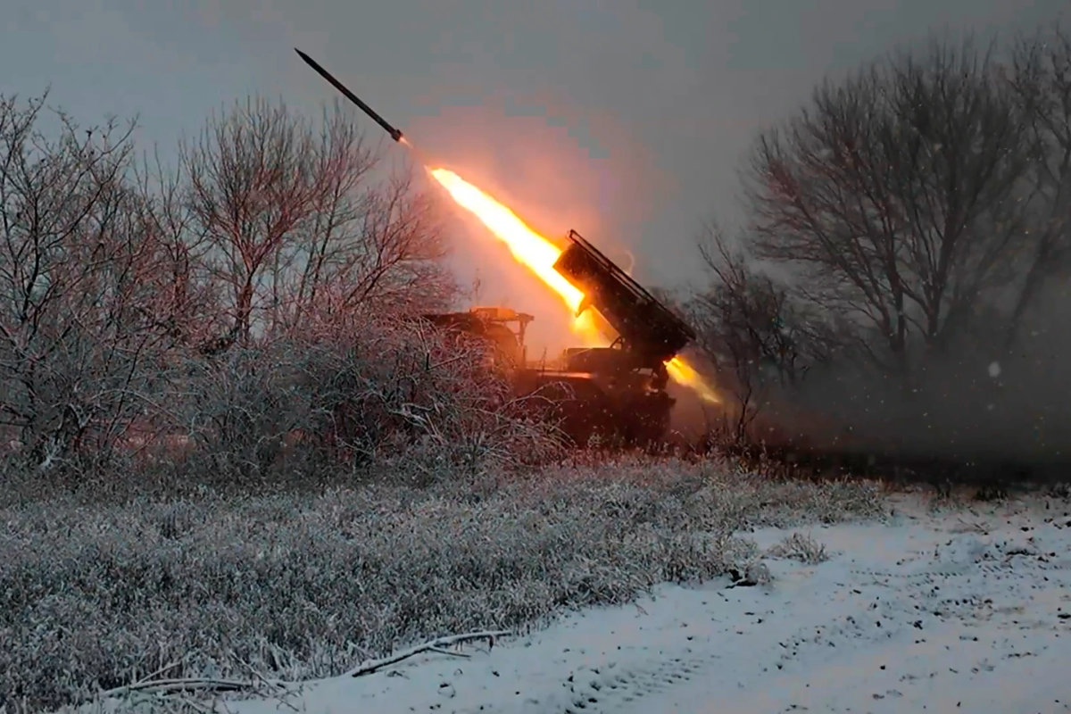 In this image, made from video provided by Russian Defense Ministry Press Service on Dec. 16, 2025, a Russian “Grad” self-propelled multiple rocket launcher fires towards Ukrainian positions on an undisclosed location in Ukraine. (Russian Defense Ministry Press Service via AP)
