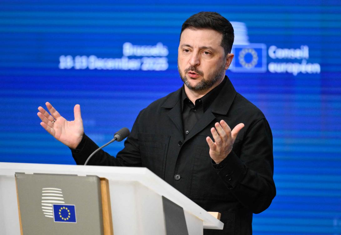 Ukraine’s President Volodymyr Zelensky speaks during a press conference as part of the European Council meeting in Brussels on Dec. 18, 2025. (AFP)