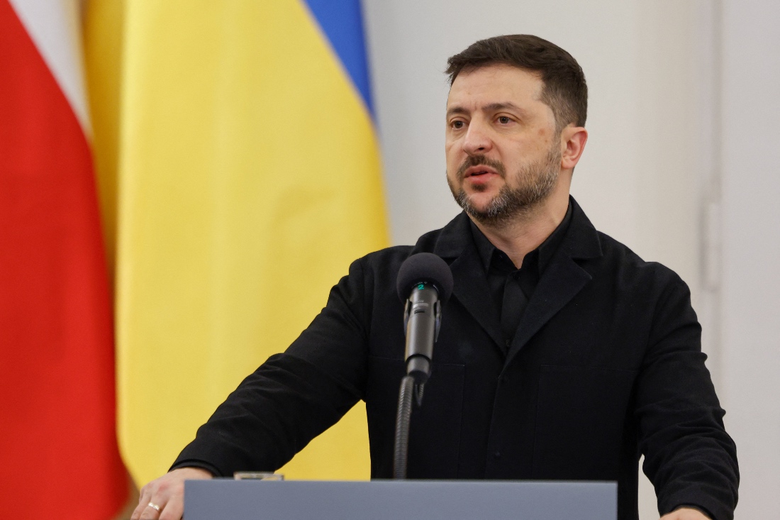 Ukraine's President Volodymyr Zelensky addresses a joint press conference with his Polish counterpart following their talks at the Presidential Palace in Warsaw, Poland. (AFP)