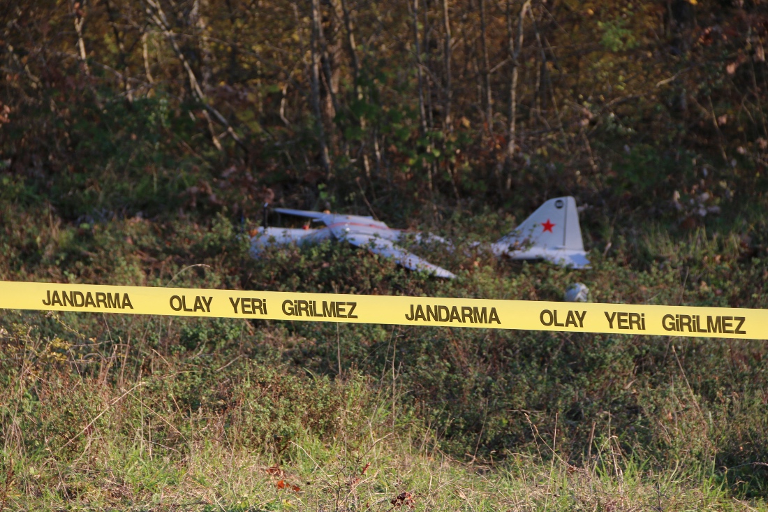 A crashed drone (unmanned aerial vehicle - UAV), allegedly of Russian origin, in a rural area near Izmit, Turkiye. (DHA/AFP)