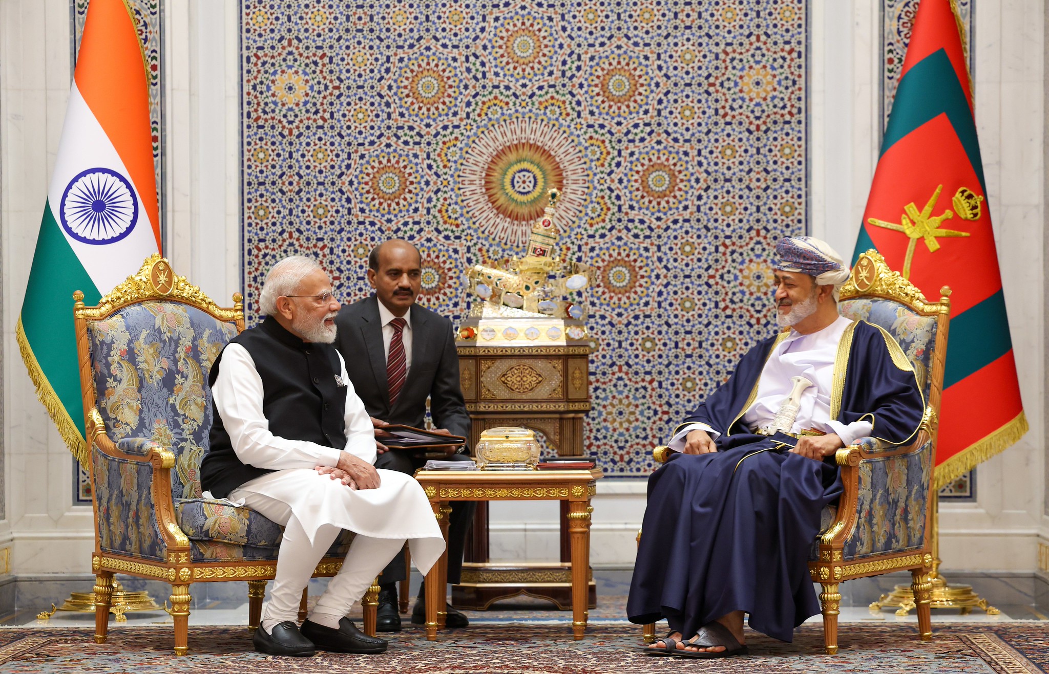Indian Prime Minister Narendra Modi sits for talks with Oman’s Sultan Haitham bin Tariq in Muscat on Dec. 18, 2025. (Indian Ministry of External Affairs)