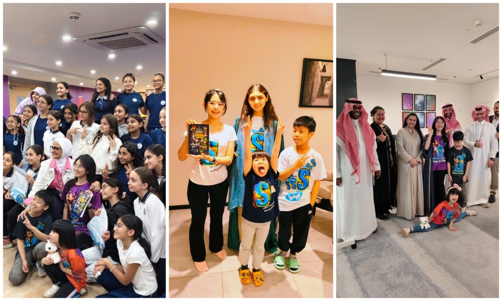 L-R: Members of the Superbund Alpha Project visit the Modern Global International School in Riyadh; (Left) Alia Kong, 14; (center) Zeina Rabah, 16 and Elyse Chow, 7; (right) Ryder Chow, 11; Alia Kong and her team with the Saudi Tourism Authority. (Supplied)