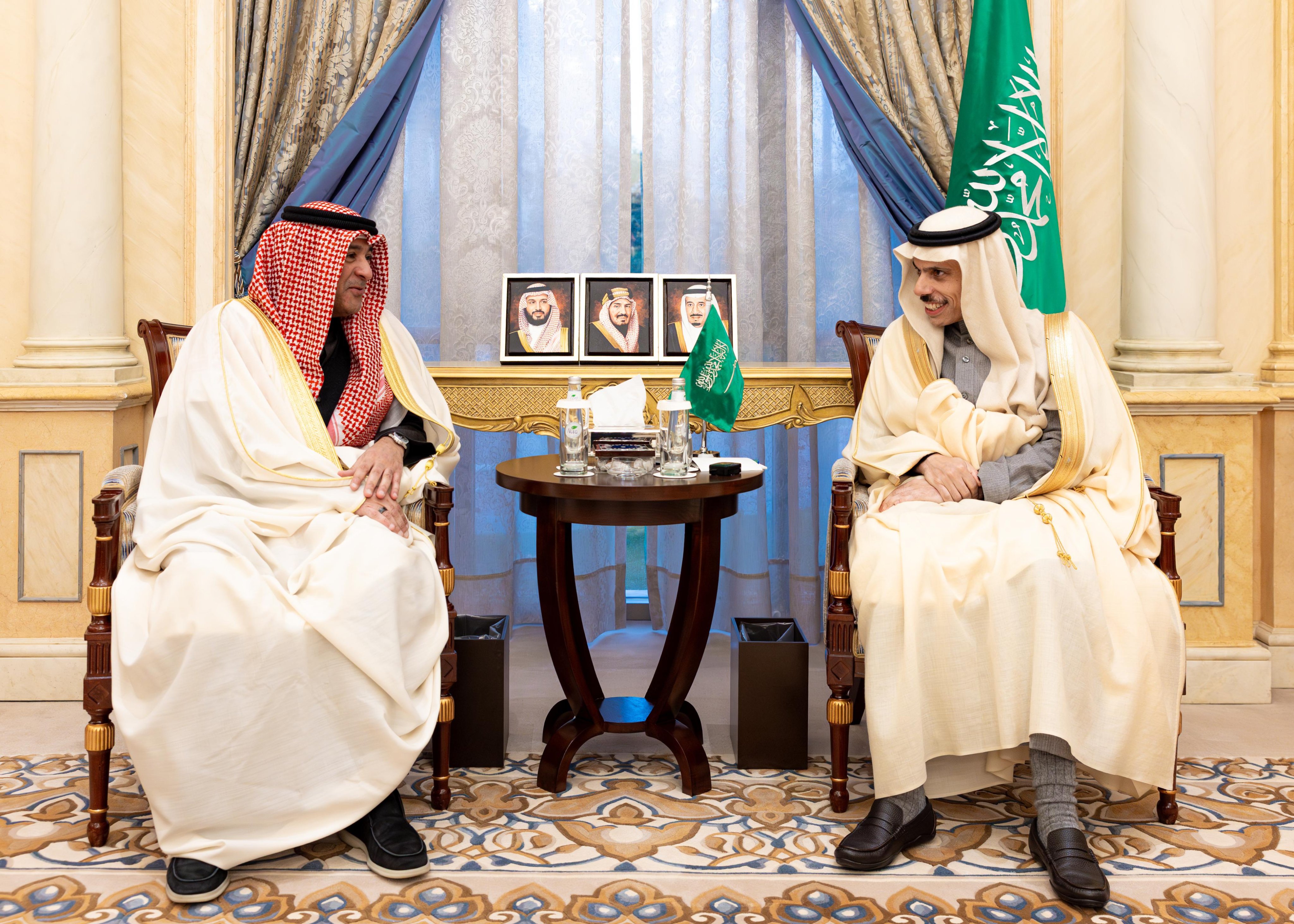 Saudi Arabia’s Minister of Foreign Affairs Prince Faisal bin Farhan met with the Gulf Cooperation Council Secretary-General Jassim bin Mohammed Al-Budaiwi in Riyadh on Sunday. (SPA)