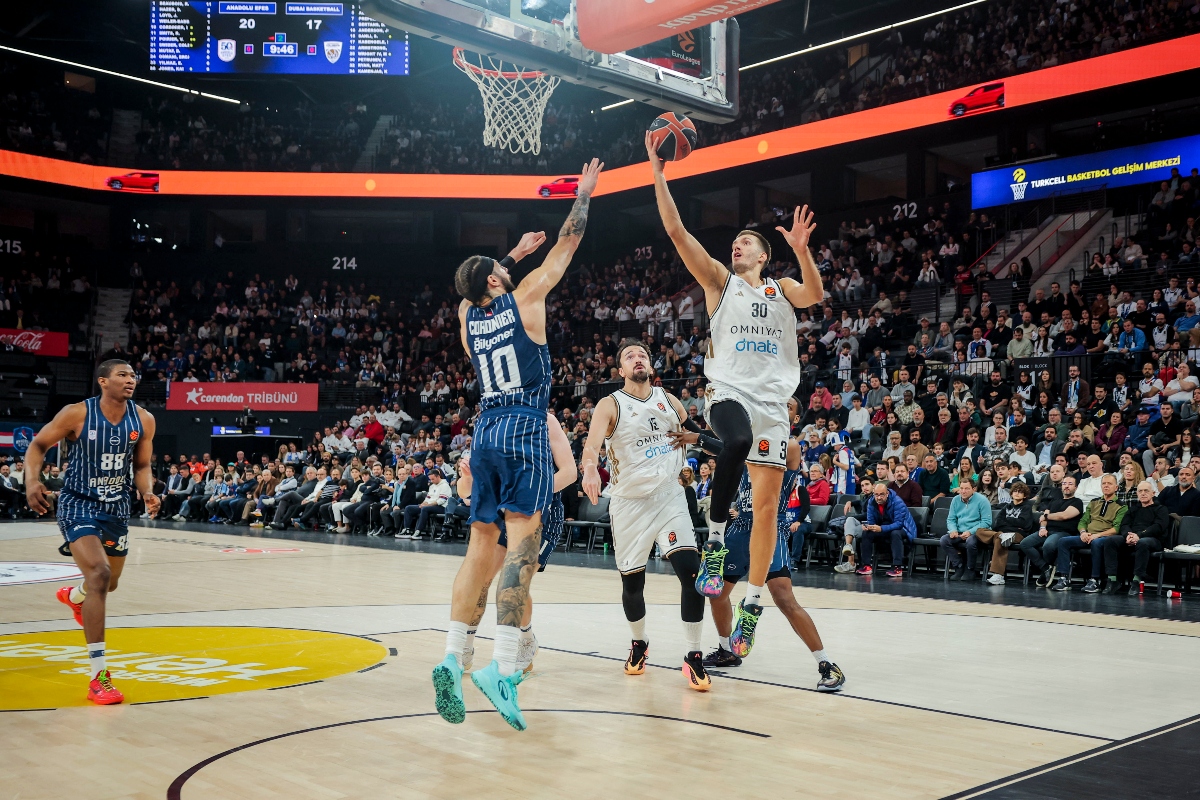 Filip Petrusev of Dubai Basketball in action with Isaia Cordinier against Anadolu Efes Istanbul during the EuroLeague Regular Season Round 17 match. (Euroleague Basketball)
