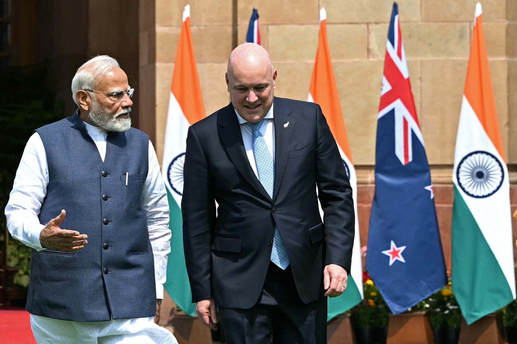 Indian Prime Minister Narendra Modi speaks with his New Zealand counterpart Christopher Luxon in New Delhi on March 17, 2025. (AFP)