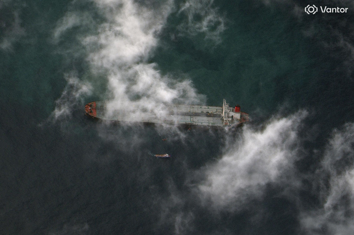 A satellite image shows the Skipper crude carrier and the first Venezuela-related vessel seized by the US near the shoreline of Galveston, Texas. (Via Reuters)