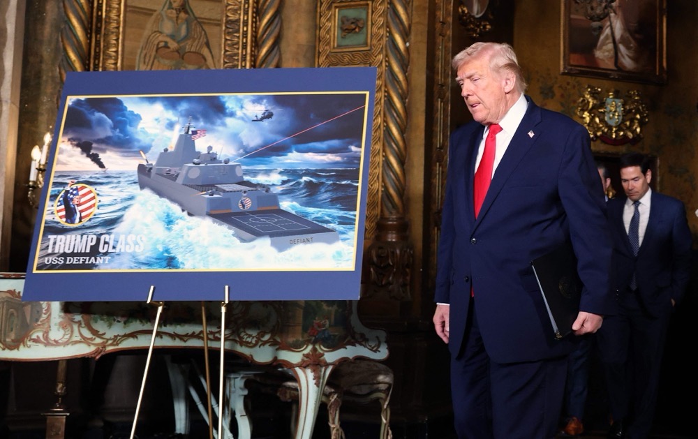 President Donald Trump arrives to announce the creation of the “Trump-class” battleship. (Getty Images/AFP)