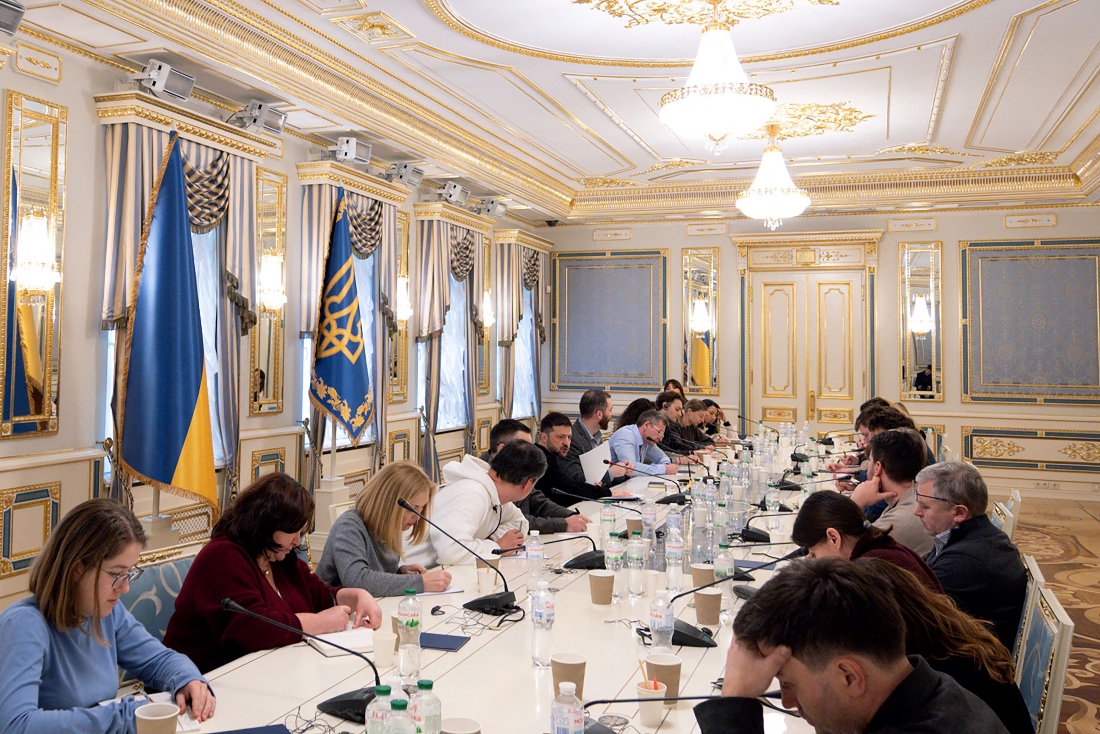 Ukrainian President Volodymyr Zelensky speaks with journalists in Kyiv, Ukraine. (Handout/AFP)