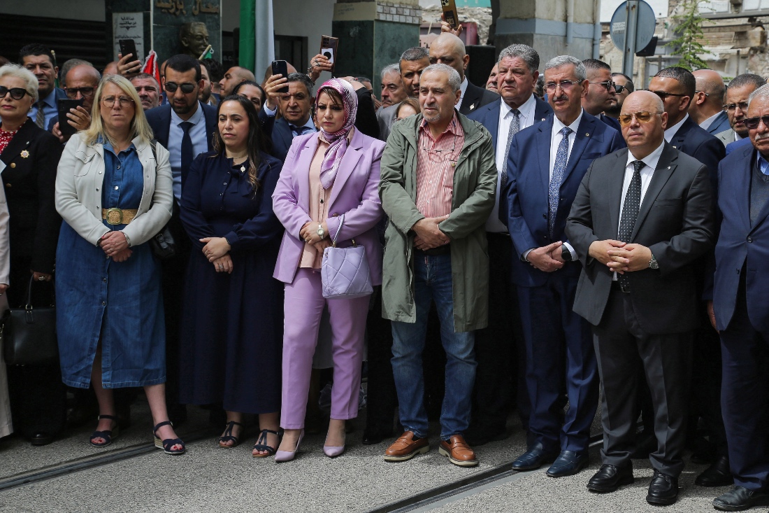 Algerian Minister of War Veterans and Rights Holders Laid Rebiga and French parliament members attend a ceremony commemorating the victims of the "Setif massacre of May 8, 1945", in Algeria's Setif city. (AFP)
