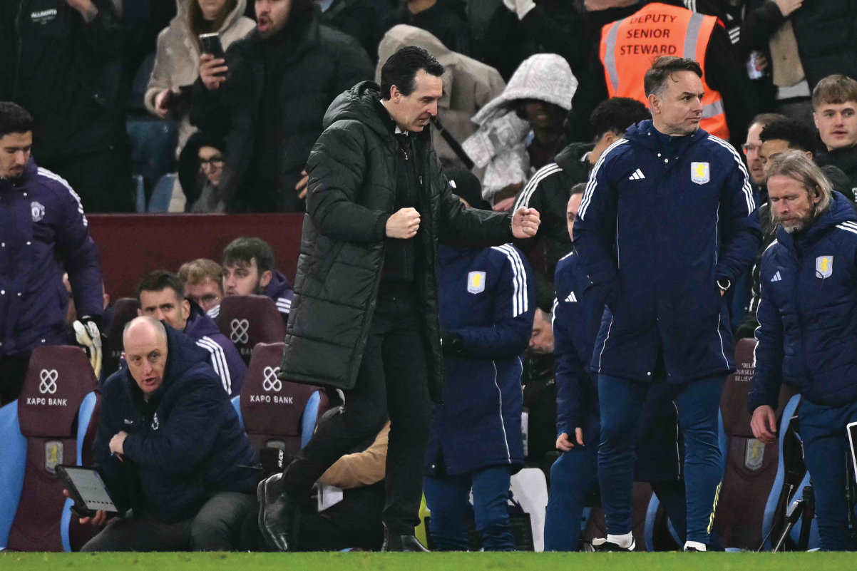 Aston Villa’s Spanish manager Unai Emery celebrates victory at the end of the English Premier League football match between Aston Villa and Manchester United at Villa Park in Birmingham, central England on Sunday. (AFP)