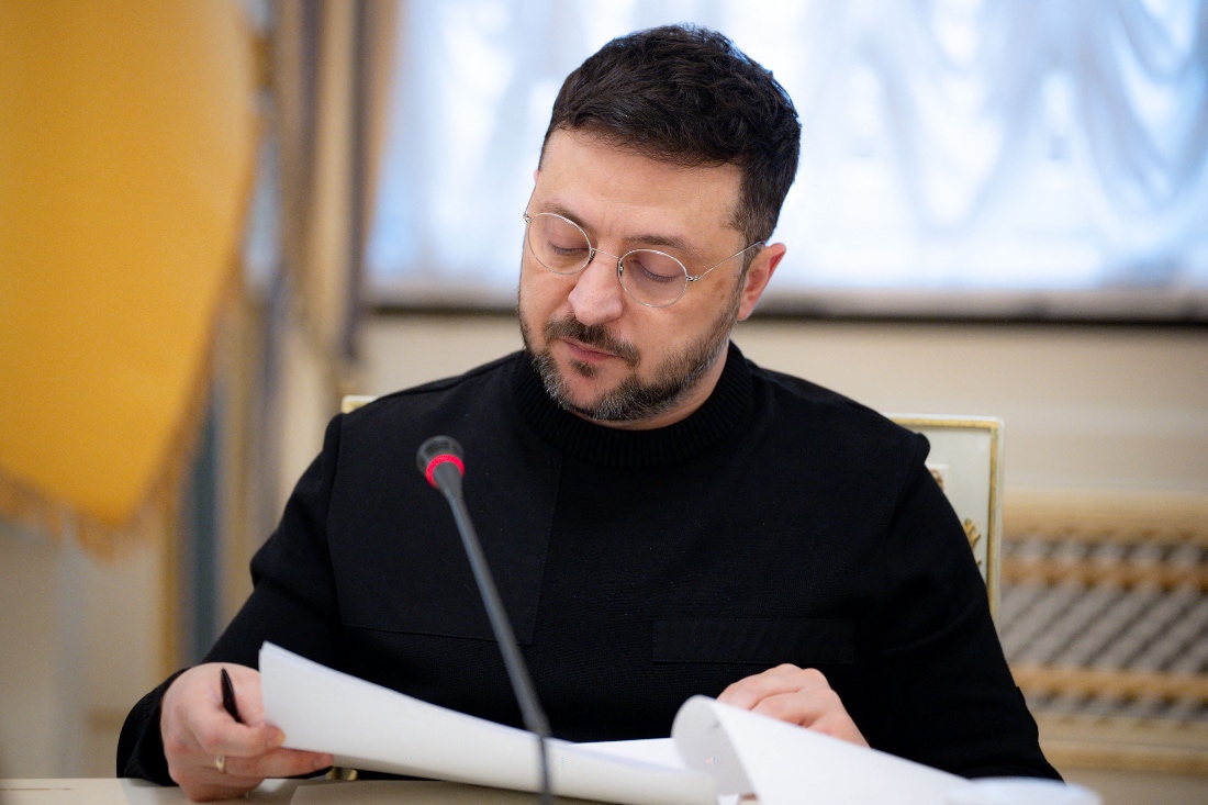 Ukraine's President Volodymyr Zelensky during a meeting with journalists in Kyiv, Ukraine. (Handout Presidential Office)