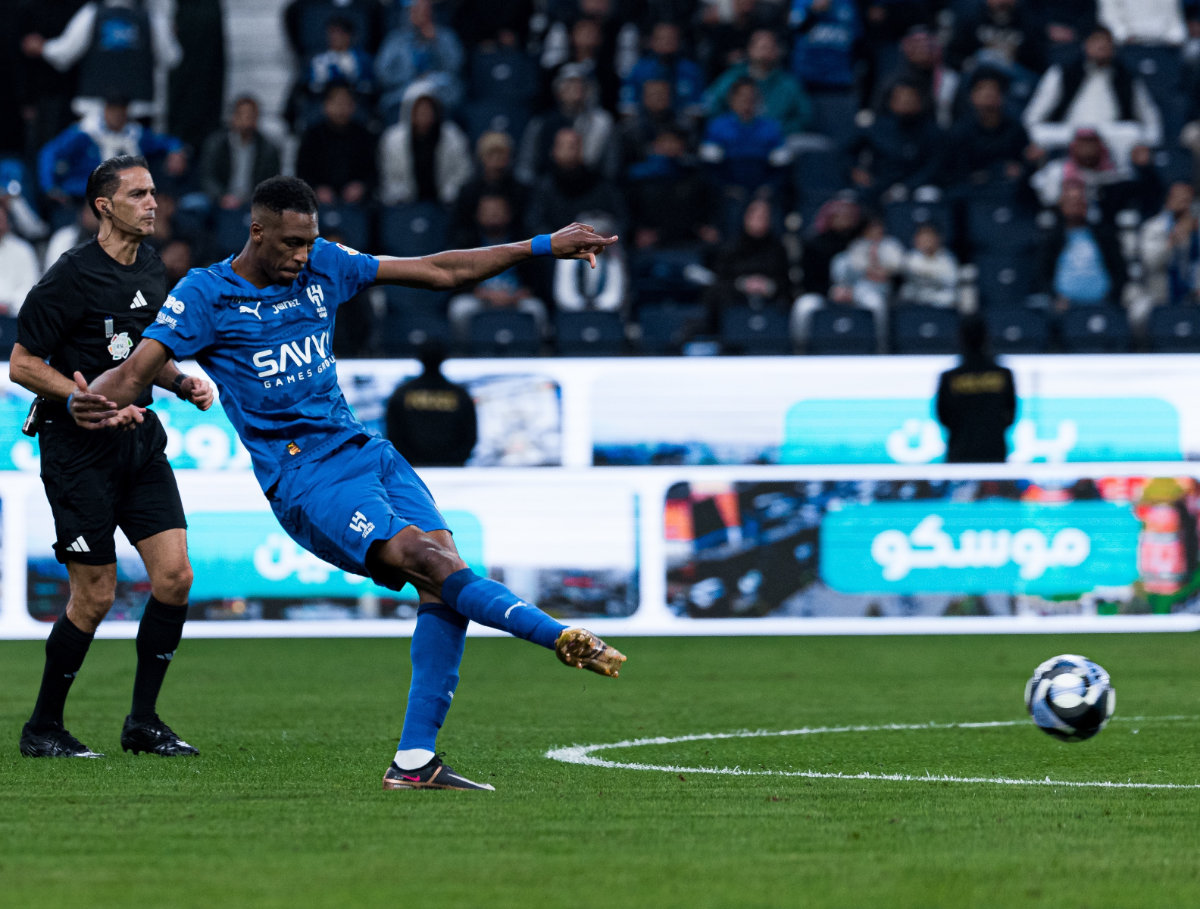Mohammed Kanno scores Al-Hilal's first in the 3-2 win over Khaleej. (X/@Alhilal_EN)