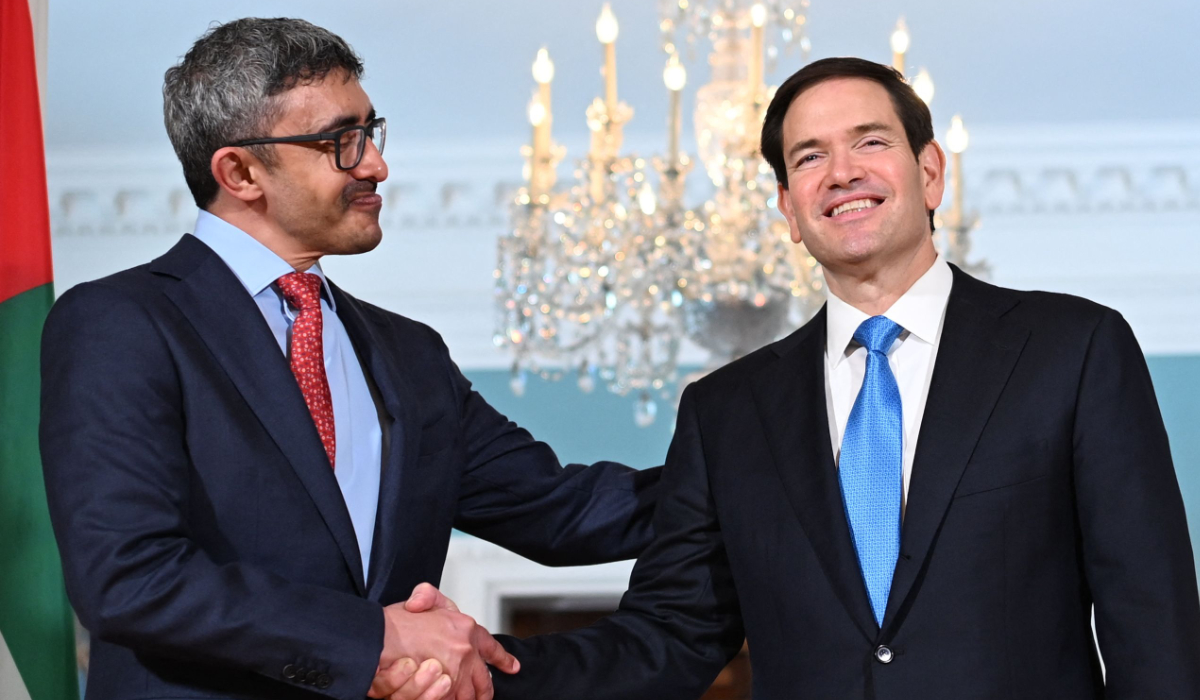US Secretary of State Marco Rubio (R) shakes hands with United Arab Emirates Deputy Prime Minister and Foreign Minister Abdullah bin Zayed Al Nahyan as they meet at the State Department in Washington, DC, on June 10, 2025. (AFP)