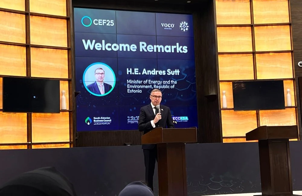 Estonian Energy and Environment Minister Andres Sutt speaks at the Circular Economy Forum in Riyadh. (AN Photo/Nada Alturki)