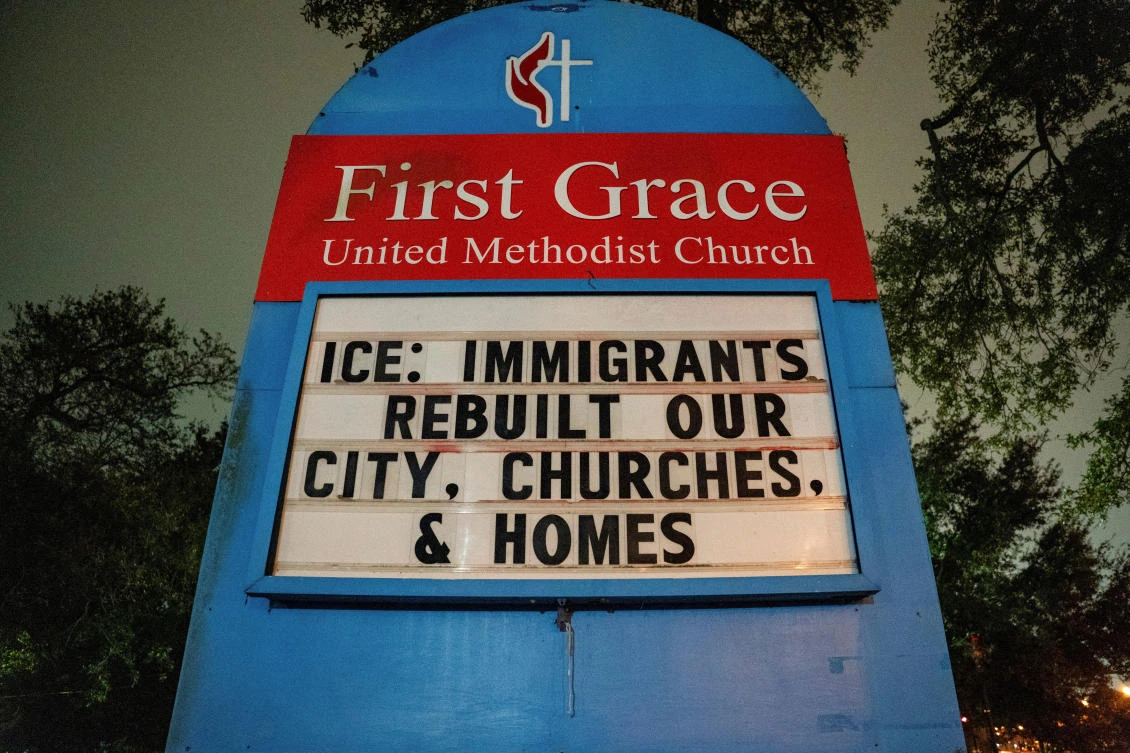 Above, a sign at a church displays a message to Immigration and Customs Enforcement in New Orleans, Louisiana on Nov. 30, 2025. (Reuters)