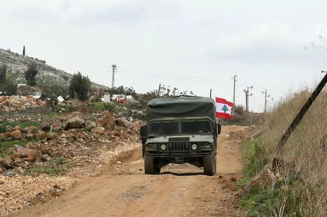 A Lebanese military vehicle patrols in the southern Lebanese border village of Sarada after Israeli forces pulled out in February. (AFP)