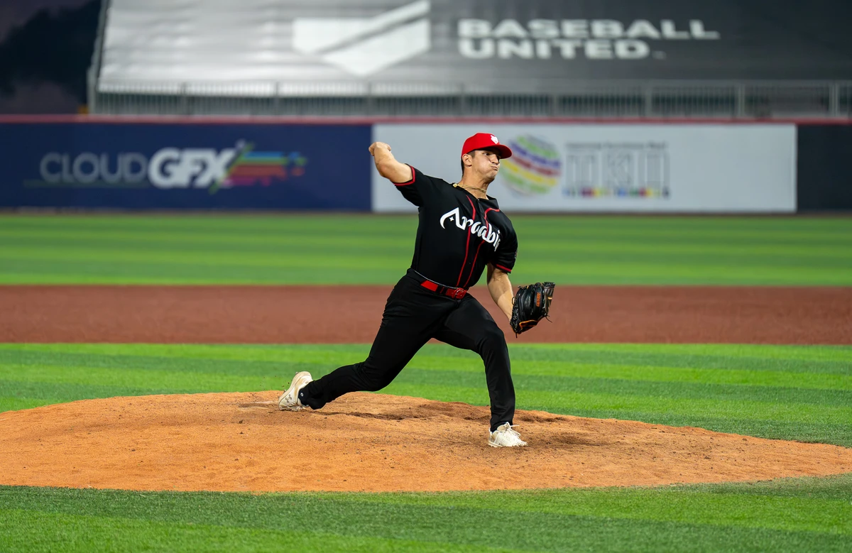 Angelo Cabral, pitcher for the Arabia Wolves, in action during the win over Karachi Monarchs at BAseball United Ballpark. (Supplied)